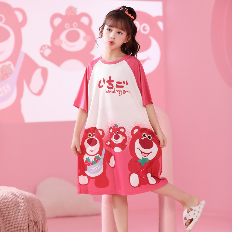 Madre-hija padres-hija vestido de pijama de niños osos de fresa chica vestido de verano hielo niñas pequeñas ropa para el hogar de niños mayores