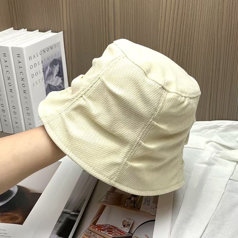韩系新款灯芯绒褶皱渔夫帽女秋复古百搭素颜遮脸盆帽卡其色水桶帽|undefined