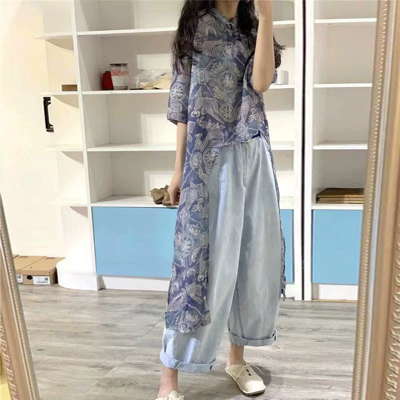 Весенний стиль, весна и лето, литературное ретро, ​​сине-белый фарфоровый принт, античный стиль, дисковая пряжка, свободная передняя часть, короткая и длинная конопляная длинная рубашка для женщин