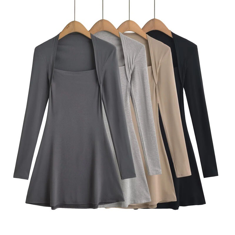 2024 Women's European and American Spice Girl Shoulder dress Women's Square Collar Corset Long Sleeve Mini dress Skirt