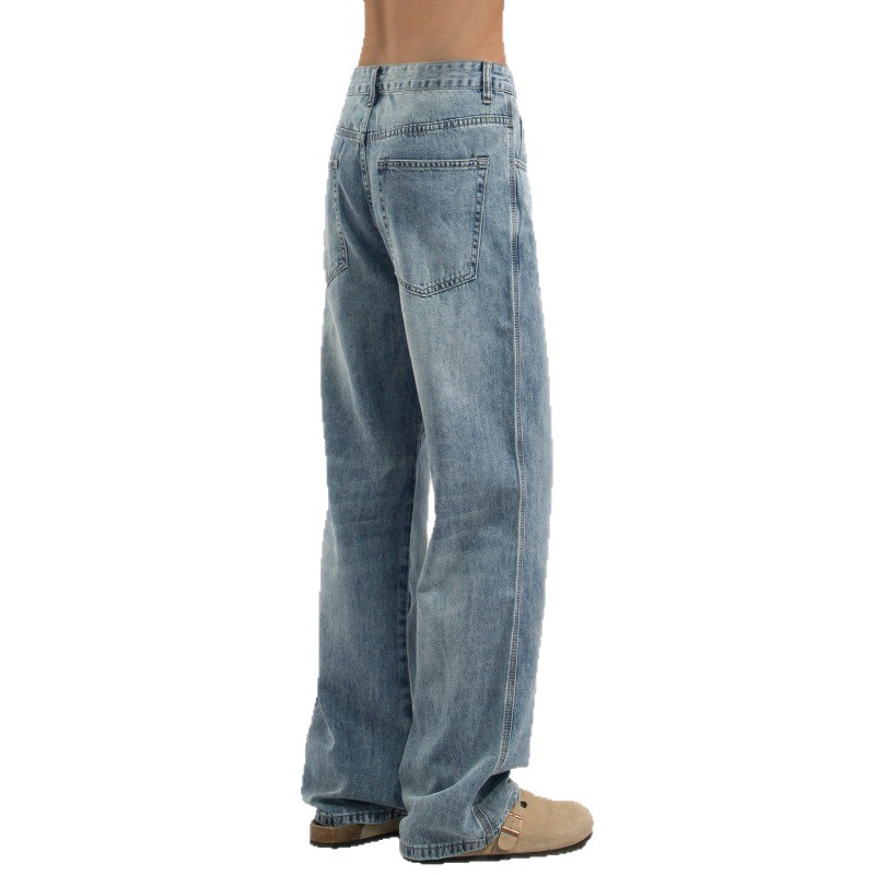 Men's Washed Denim Jeans, High Street Loose Fit Straight Leg Trousers For Clean Aesthetic & Casual Style_viptrois.com