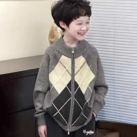 2026春秋款儿童格纹提花毛衣开衫爆款男童拉链衫外套男孩针织开衫