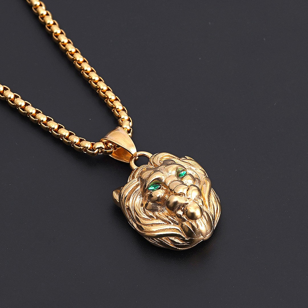 Collana con testa di leone tempestata di diamanti per ciondolo animale hip-hop placcato oro neutro da uomo_voghion.com
