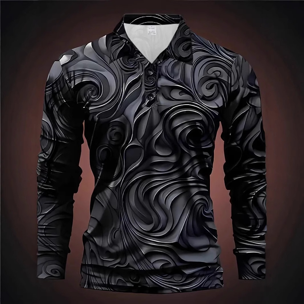 Camisa POLO transpirable con cuello con botones de manga larga suelta de negocios para hombres con estampado tridimensional tallado en metal de alta calle