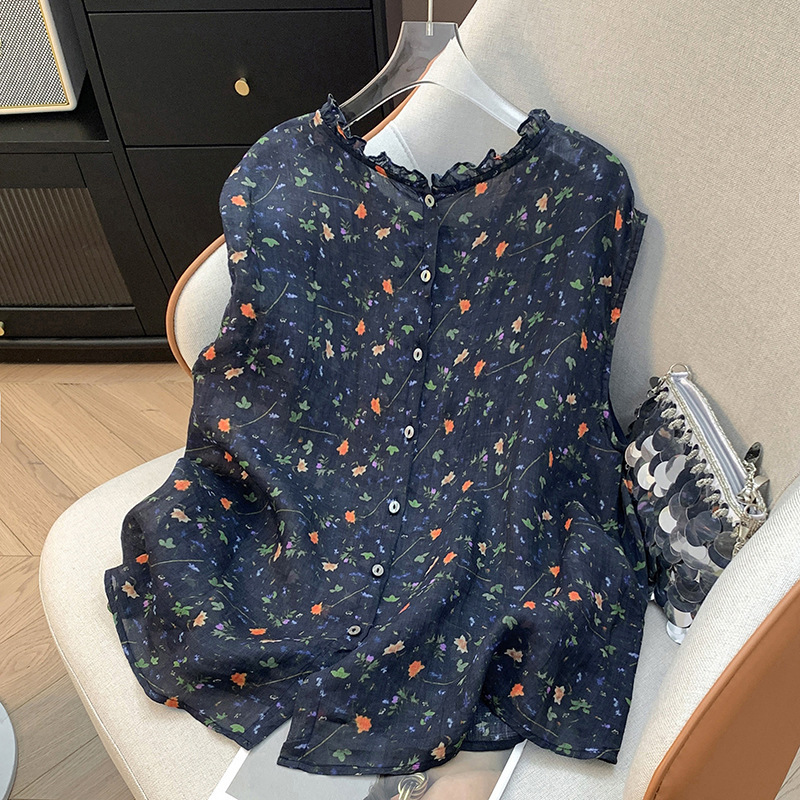 Cotton and Linen Printed Ruffled Collar Sleeveless Blouse with Back Buttons, Loose Fit, Versatile, Vintage Artistic Top for Women Cotton and Linen Printed Ruffled Collar Sleeveless Blouse with Back Buttons, Loose Fit, Versatile, Vintage Artistic Top for Women