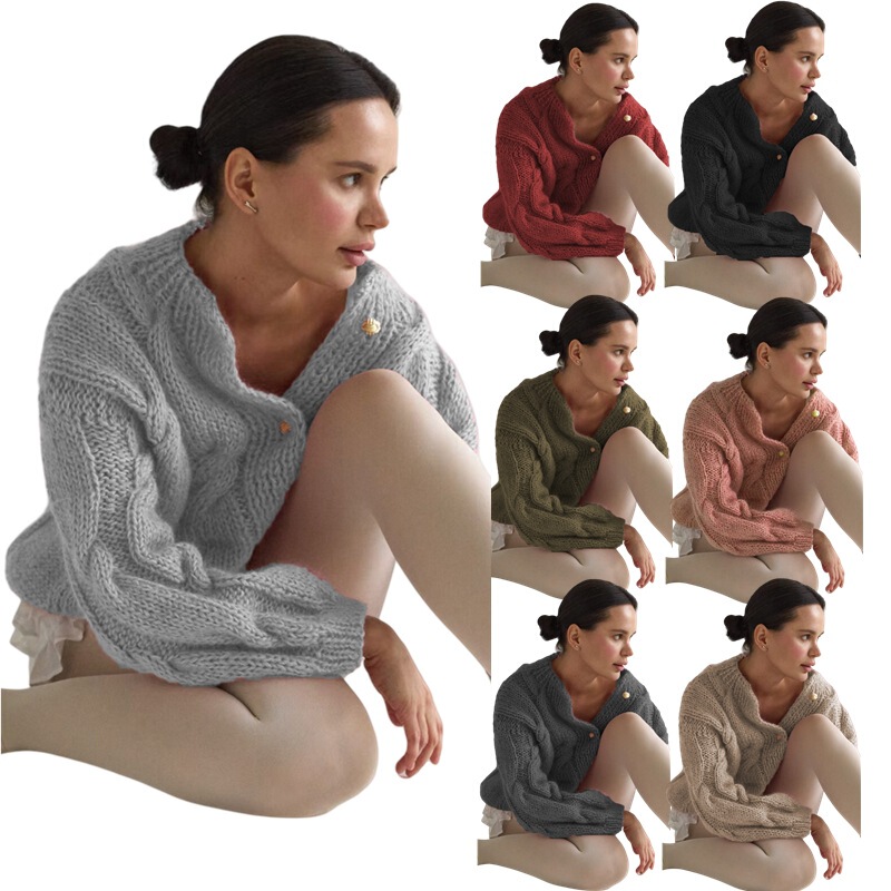 Amazon Loose Sweater Women's European and American Knitted Retro Twist Thick Wool Cardigan Cross-Border Autumn and Winter Women's Jacket Women