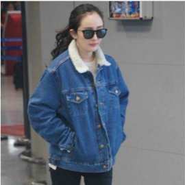 明星机场 杨幂同款加绒羊羔毛牛仔外套 郭采洁牛仔衣服短款潮