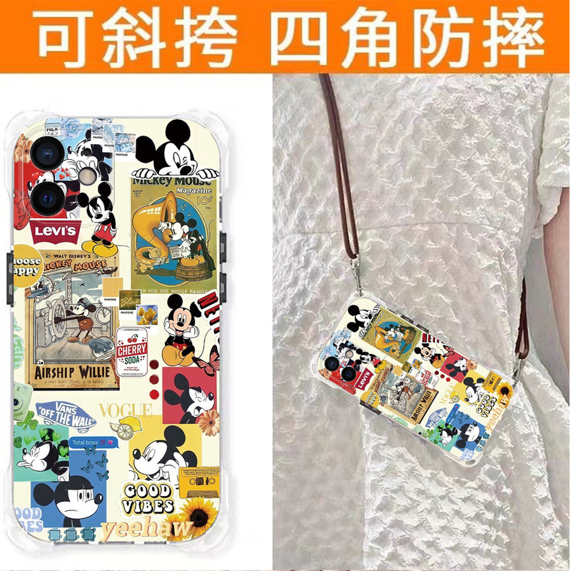 [Four-Corner Openings] Apple 15Promax Mobile Phone Case Mickey Cute Iphone14 with Lanyard Crossbody 13 Trendy