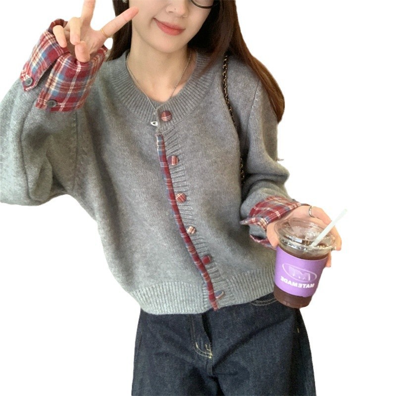 拼接格子假两件毛衣开衫女2025秋冬新款圆领韩系百搭针织上衣女潮|undefined