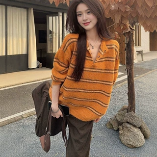 慵懒风撞色条纹长袖亲肤套头毛衣女秋冬新款小众翻领宽松针织衫