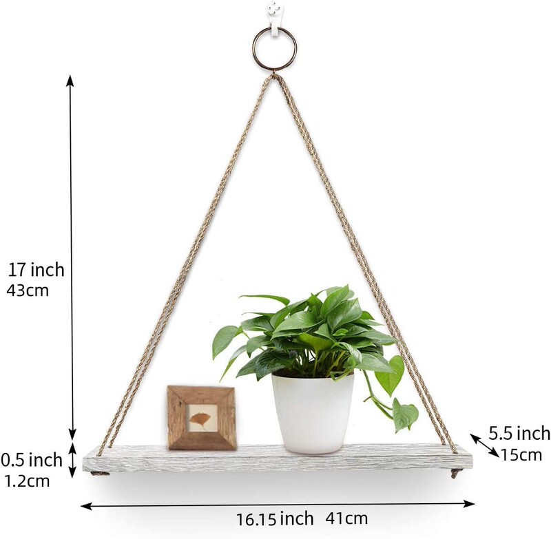 壁に飾られたロープの棚の植木鉢の収納棚の壁掛けの板の吊り下げの飾りの木の一字の仕切り|undefined