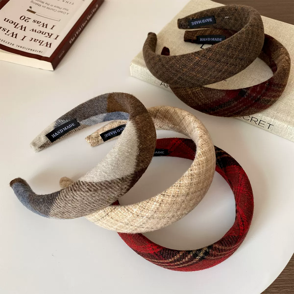 复古格子宽边英伦发箍女新款秋冬毛绒洗脸压发头箍高颅顶发卡头饰