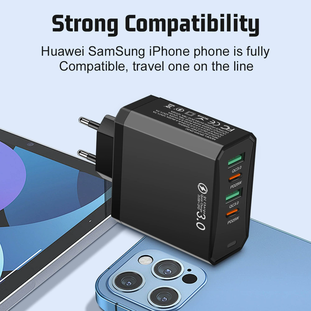 Четырёхвходовое зарядное 2USB+2PD для мобильных, суммарно 100W, для планшета, европейский/американский/британский стандарт, супербыстрая зарядка