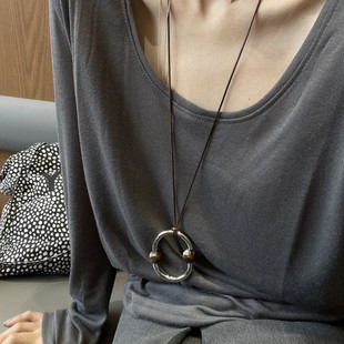 Brown Tiger Eye Stone Circle Smiley Face Long Necklace Niche Ins Light Luxury Long Necklace Women's Simple Woolen Chain for Women