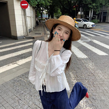 实拍2025法式甜美早秋长袖微透显瘦拼接白色娃娃衫衬衫上衣女
