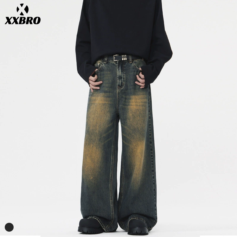 Xxbro мужская одежда # ретро вымытые американские высокие улицы желтые грязные широкие джинсы мужские таза старые прямые брюки