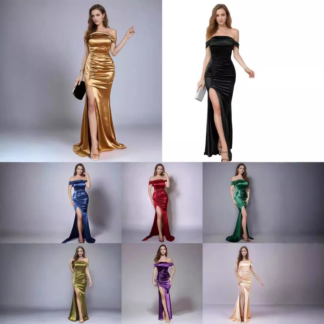 European and American Cross-border Aliexpress Pure Color Satin Tube Top Slit High Waist Wedding Evening Dress Fishtail Skirt Long Skirt Dress