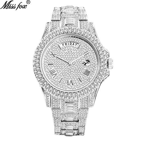 MISSFOX watch foreign trade hot-selling fashion high-end dual calendar business full diamond English men's watch hiphop
