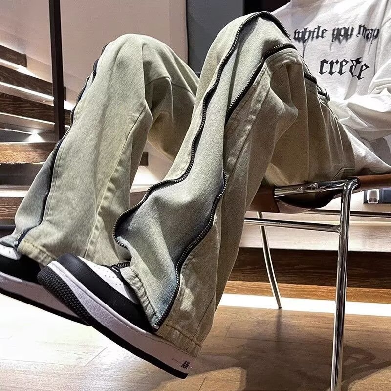 Retro High Street Washed Yellow Mud Dyed Jeans Slim Fit Straight Leg Flattering Drape for Men And Women_mkmklike.com