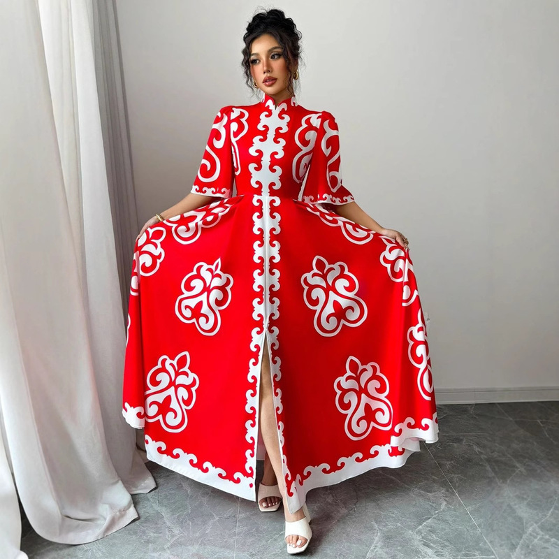 Amazon Red Cheongsam Collar Loose Floral Dress with Wide Hem