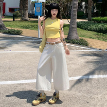 潮源夏季薄款米白色天丝牛仔短裤女七分裤直筒宽松高腰提花中裤女