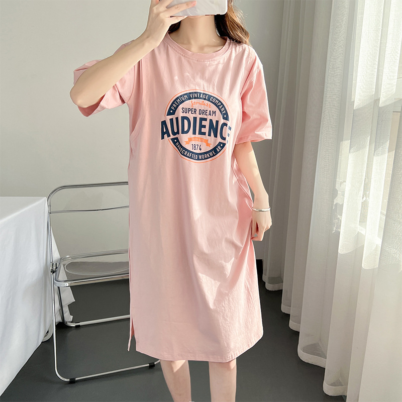 Breastfeeding Clothes Pure Cotton Short-sleeved T-shirt Summer Breastfeeding Dress Mid-length Pregnant Women Postpartum Going Out Hot Mom Nightdress