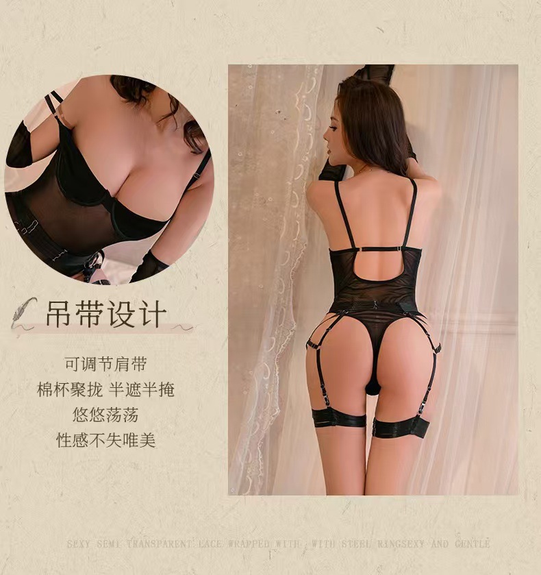 Black Backless Roleplay Bodysuit with Gloves, Steel Ring Detail, One Size — detail image 13
