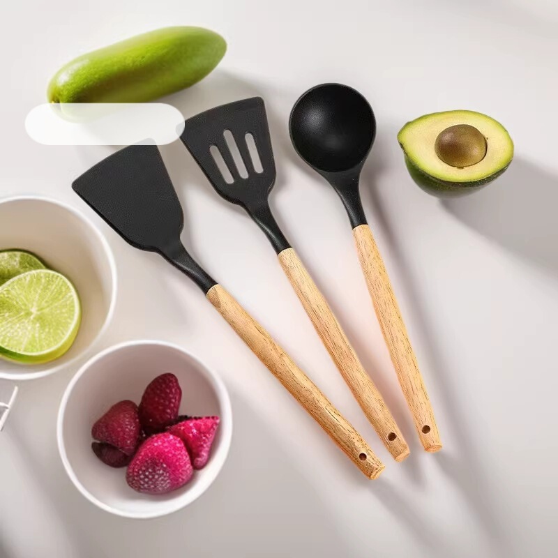 Household Wooden Handle Silicone Food-Grade High-Temperature Resistant Frying Spatula, Soup Spoon, Cooking Spatula, Silicone Kitchen Utensils 3-Piece Set Household Wooden Handle Silicone Food-Grade High-Temperature Resistant Frying Spatula, Soup Spoon, Cooking Spatula, Silicone Kitchen Utensils 3-Piece Set