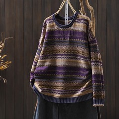 棉质针织衫女秋新彩色条纹棉线针织文艺休闲百搭宽松毛衣女装
