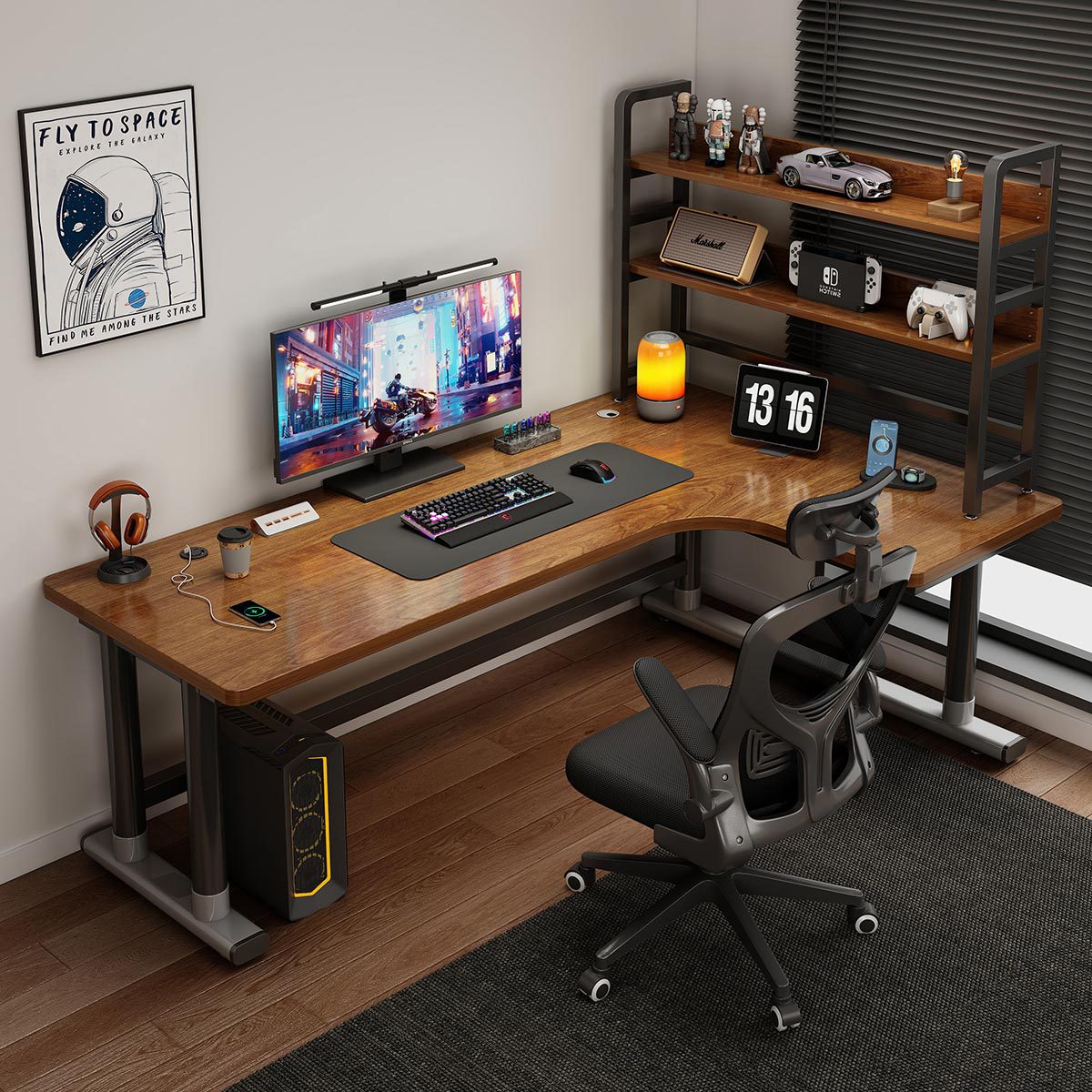 Corner Computer Table Bedroom Home Desktop Table and Chair Set Student Desk Bookshelf Integrated Writing Table E-Sports Table