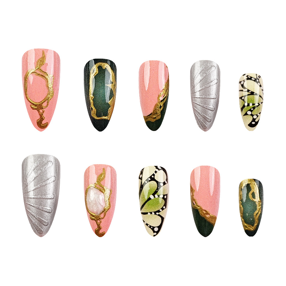 Transfronterizos estereoscopicos LIP dorado para usar uñas de almendras retrógradas sensación artística de belleza de uñas 24 piezas de parche de uñas falsas