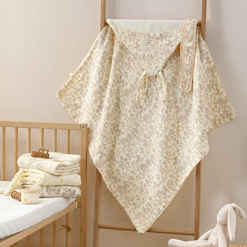 Детское четырехслойное хлопково-марлевое одеяло, весенне-летнее одеяло для новорожденных, детское одеяло, одинарное одеяло с длинными ушками и капюшоном для новорожденных