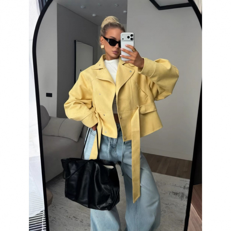 Amazon European and American style short biker jacket for women, versatile turn-down collar faux suede jacket, women's trench coat in stock Amazon European and American style short biker jacket for women, versatile turn-down collar faux suede jacket, women's trench coat in stock