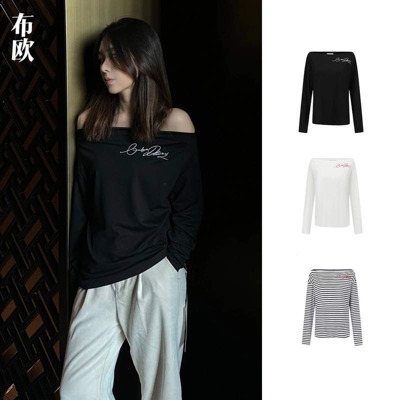 [Clearance, No Returns/Exchanges] Handwritten Slogan Embroidery One-Shoulder Top Designer Brand Off-Shoulder Long-Sleeve T-Shirt for Women