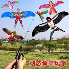 イ坊の釣り竿の動態の凧の露店の子供は屋外で小さい凧の釣り竿の凧を持ちます。