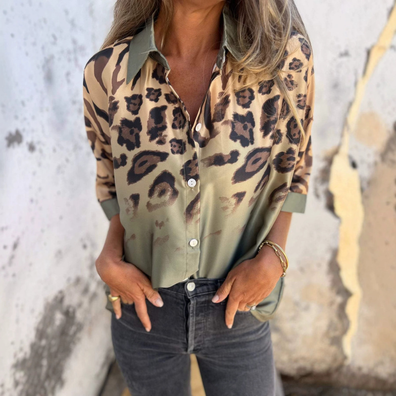 European and American Cross-Border Women's Fashion New Hot-Selling Women's Leopard Print Lapel Mid-Sleeve Shirt
