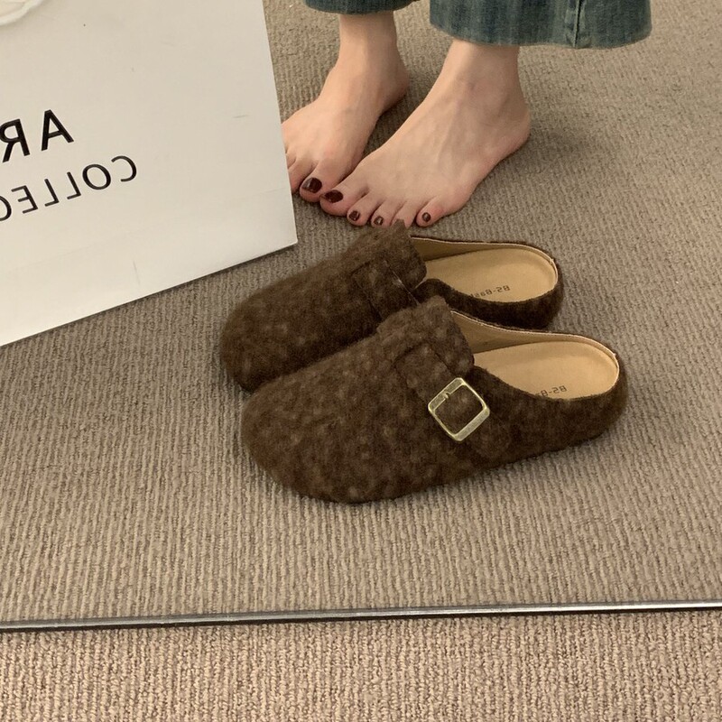 羊皮版~复古毛呢包头半拖鞋一脚蹬勃肯鞋女外穿懒人平底穆勒凉拖|undefined