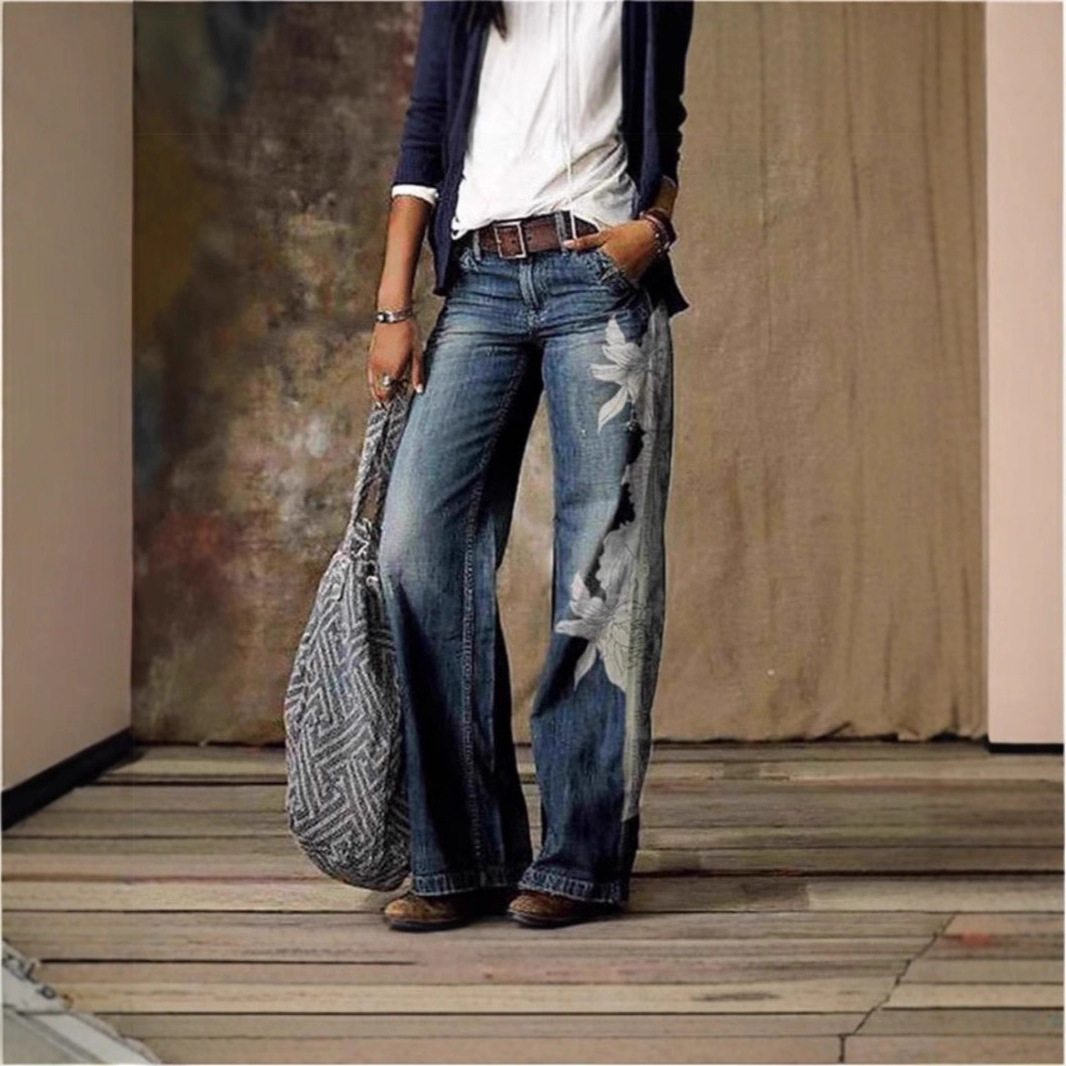 Cross-Border Foreign Trade Cross-Border Aliexpress Ebay European and American Foreign Trade Plus-Size Women's Casual Pants Imitation Jeans Wide-Leg Pants Long Pants