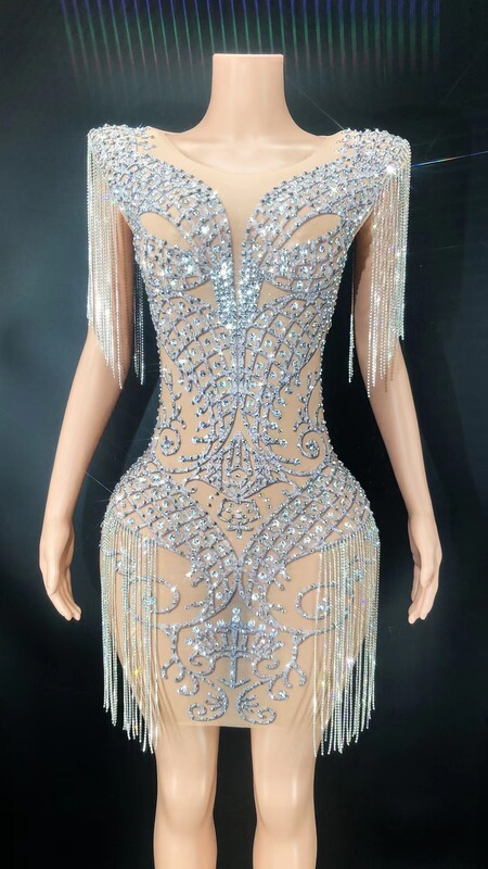 European and American Cross-Border Style Rhinestone Shoulder Pad Tassel Bodycon Dress Performance Outfit Silver Sexy Hot Girl Cotton Short Dress European and American Cross-Border Style Rhinestone Shoulder Pad Tassel Bodycon Dress Performance Outfit Silver Sexy Hot Girl Cotton Short Dress