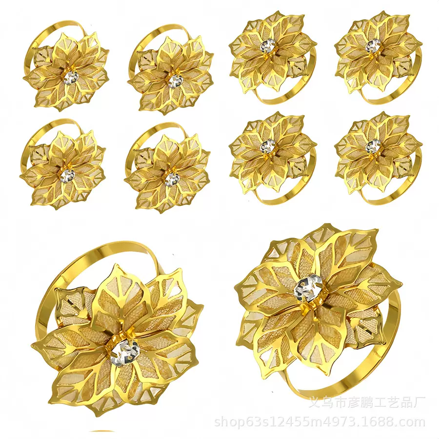 网花金山茶花餐巾扣酒店餐桌金色紫金花钻环口布圈婚庆精致