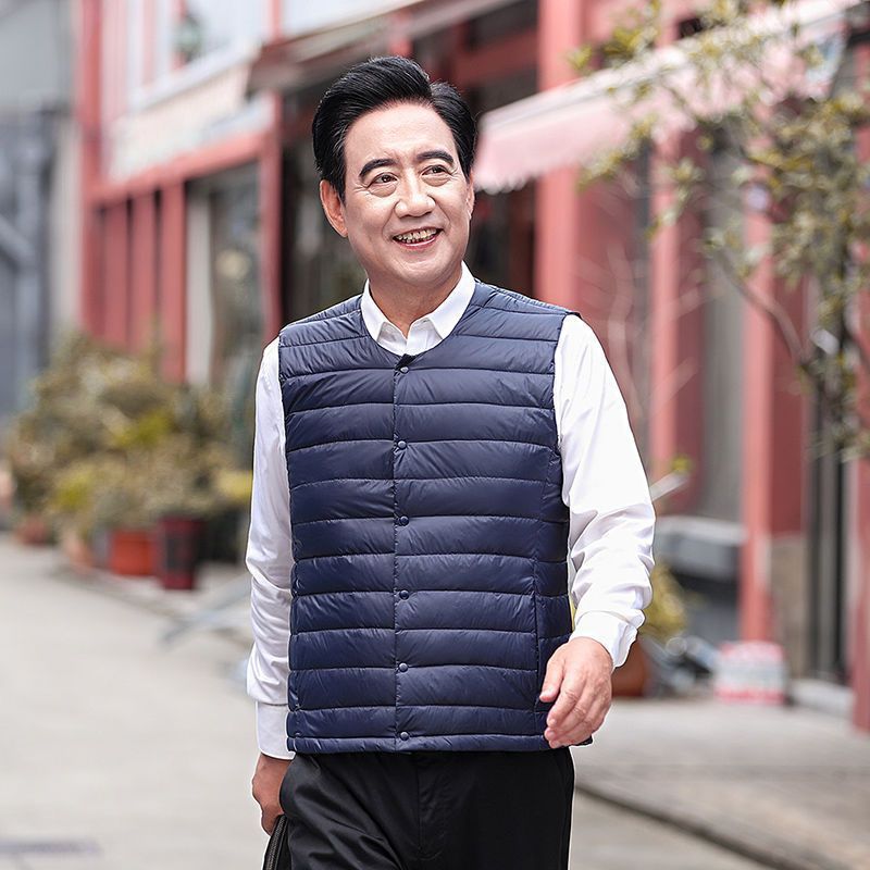 Otoño y invierno padre hombre chaleco de pluma de mediana edad chaleco de cuello redondo chaqueta de hombro delgada abrigo corto cálido