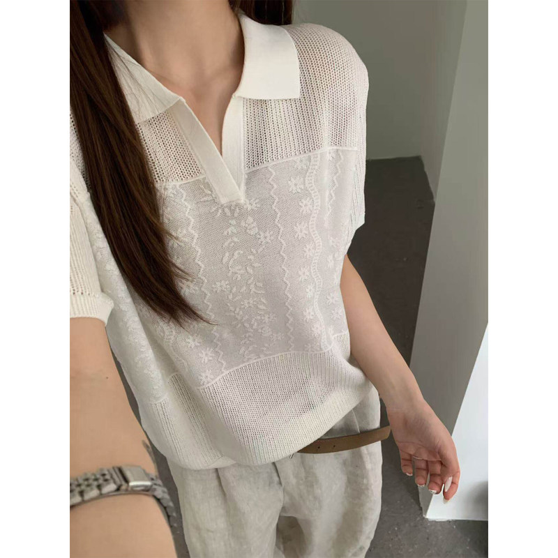 Stylish Polo Collar Short-Sleeve Knit Top for Women, 2026 New Summer Korean Style Loose Hollow-Out T-Shirt, Lightweight
