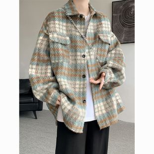 Woolen Plaid Jacket Men's 2024 New Spring and Autumn American Fashion Brand Teenager Loose Laps Jacket Top