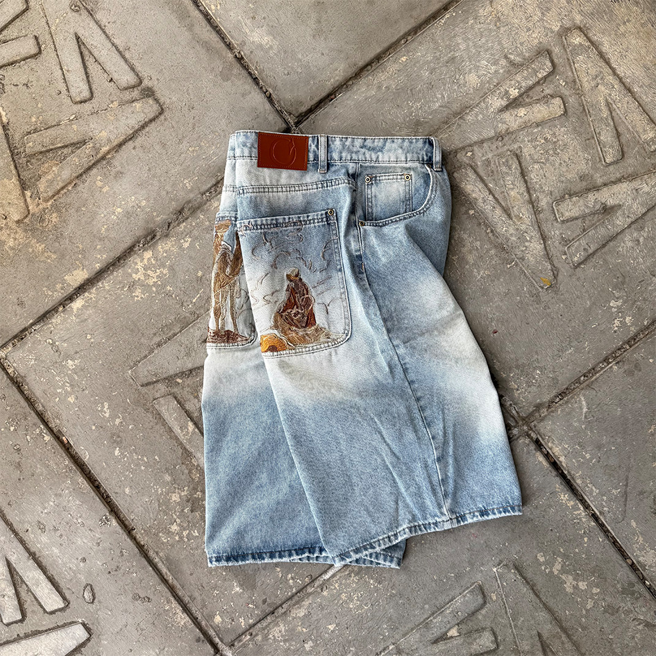 Cross-Border Derschutze Jorts Blue Updated Fit Camel Embroidered Jeans Mid-Length Pants