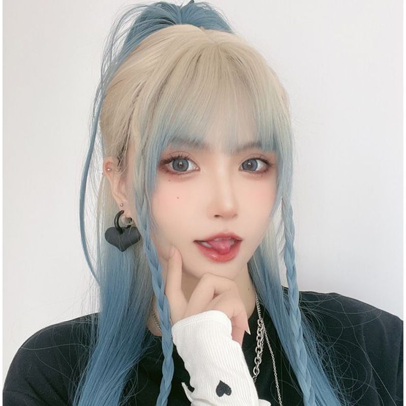 Ice Blue Gradient Wig Long Straight hair Lolita golden simulation daily Round face cos