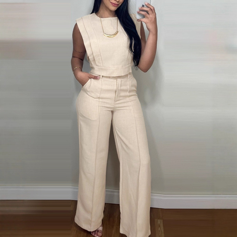 2026 Slim and Cute Style Fresh and Sweet Women's Sleeveless Top Straight-Leg Pants Linen Casual Set Linen Outfit