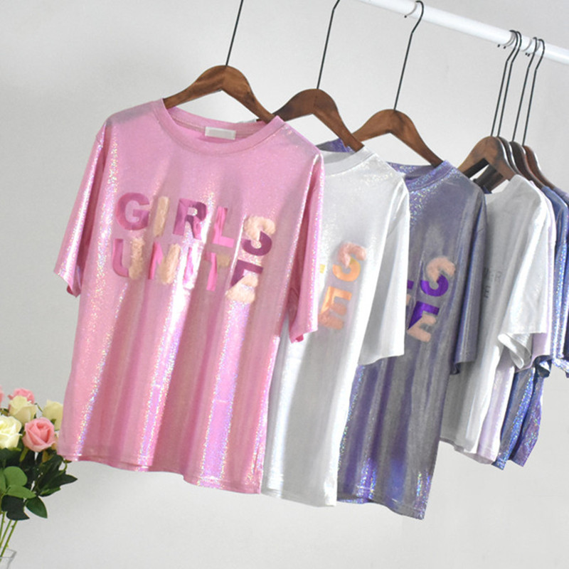 亮丝印花字母宽松短袖t恤上衣女夏2025新款学生亮闪闪半截袖女装