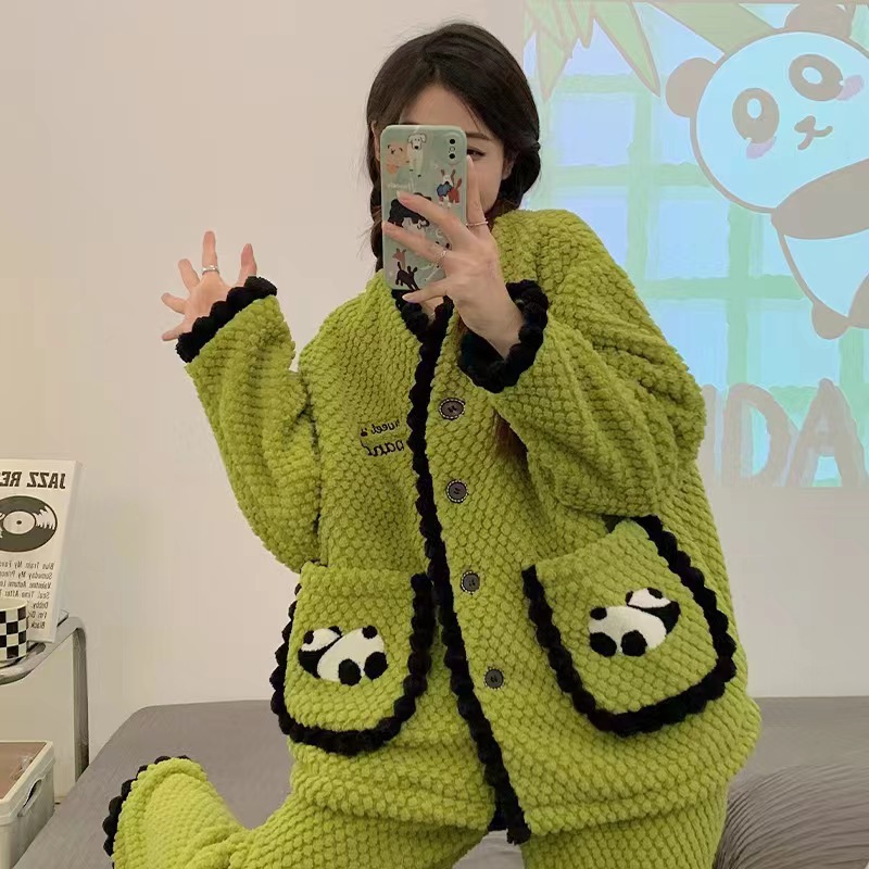 2025 otoño y invierno panda abrigo abrigo abrigo abrigo de mujer extranjería más camisa de terciopelo grueso pijama coral terciopelo lindo ocio