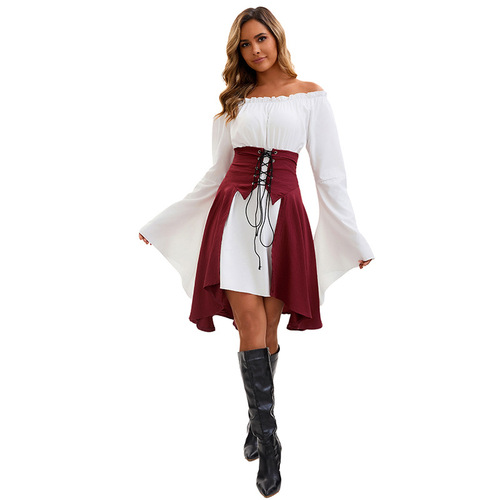 Halloween European and Medieval Renaissance Long Sleeve Bodice Corset Top Pirate Shirt Women Stage Performance Costume