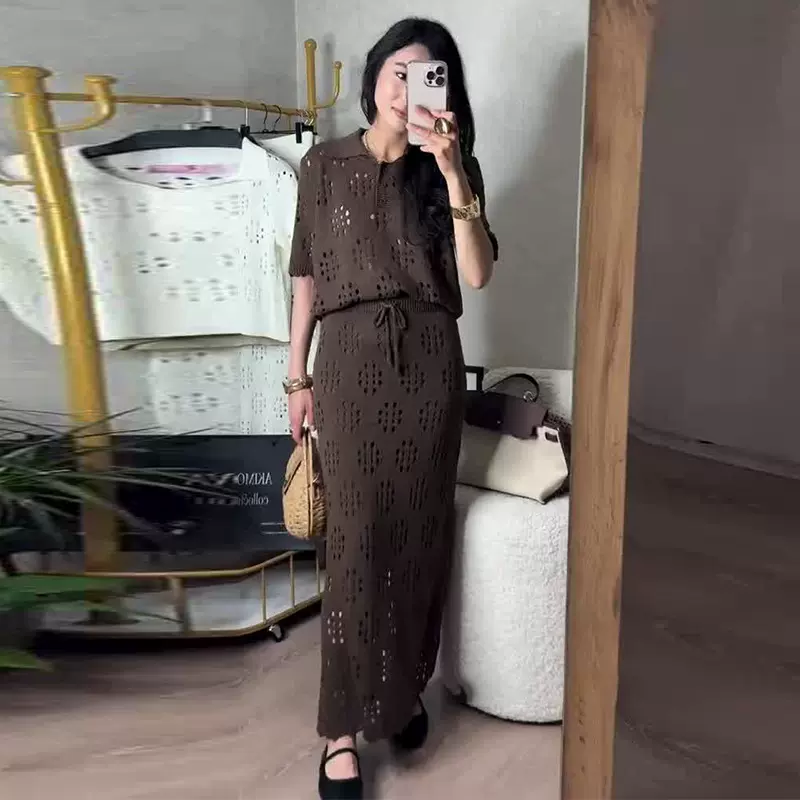 2025年新款欧美亚马逊跨境外贸女装POLO领镂空休闲短袖长裙两件套